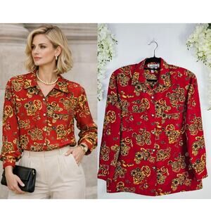 Vintage SK & Company Red Gold Baroque Elegant Blouse Button Up Size 8 Old Money